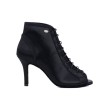 PD815 Zwarte Satijn Dames Dansschoenen met Peeptoe - Enkellaarsje met Vetersluiting - 7 cm stiletto hak