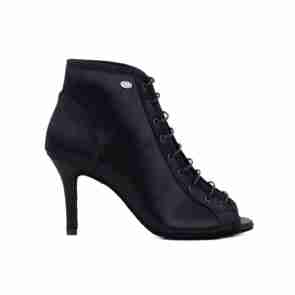 Portdance PD815 Zwarte Satijn Dames Dansschoenen met Peeptoe - Enkellaarsje met Vetersluiting - 7 cm stiletto hak