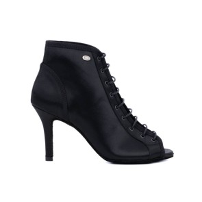 PD815 Zwarte Satijn Dames Dansschoenen met Peeptoe - Enkellaarsje met Vetersluiting - 7 cm stiletto hak