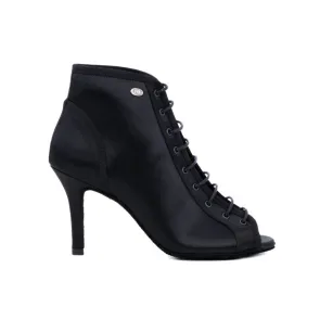 PD815 Zwarte Satijn Dames Dansschoenen met Peeptoe - Enkellaarsje met Vetersluiting - 7 cm stiletto hak