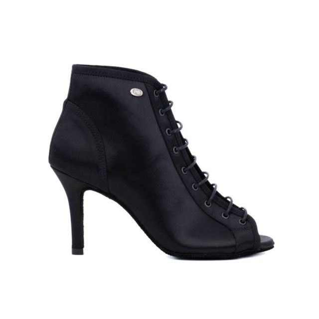 PD815 Zwarte Satijn Dames Dansschoenen met Peeptoe - Enkellaarsje met Vetersluiting - 7 cm stiletto hak