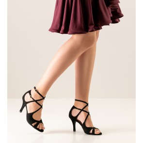 Nueva Epoca Amalia dansschoen dames zwart enkelbandjes open teen hoge danshakken suede zool