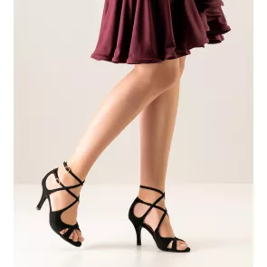 Nueva Epoca Amalia dansschoen dames zwart enkelbandjes open teen hoge danshakken suede zool