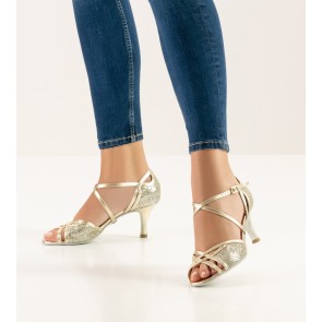 Nueva Epoca Rose Dansschoenen voor Dames goud leer met glitter brokaat open teen