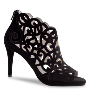 Anna Kern 830-80 Fleur zwarte suede dansschoenen voor Dames met opengewerkt motief en rits