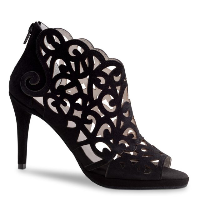 Anna Kern 830-80 zwarte suede dansschoenen voor Dames met opengewerkt motief en rits