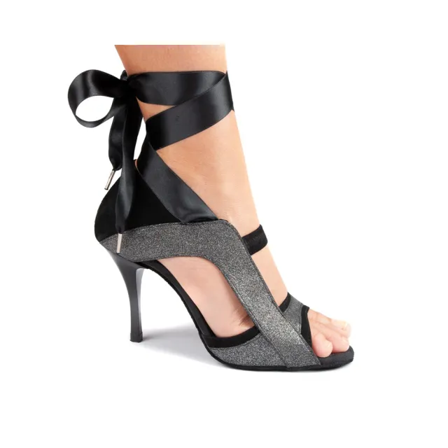 Portdance PD604 Salsaschoenen zwart en zilver met Satijn Lint