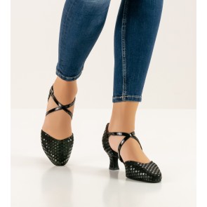 Werner Kern patty quadratino print zwart suede en lakleer bandjes over wreef