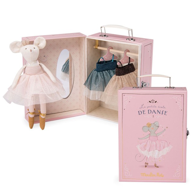 Moulin Roty Ballerina Muis met Garderobe Koffertje volledige-set