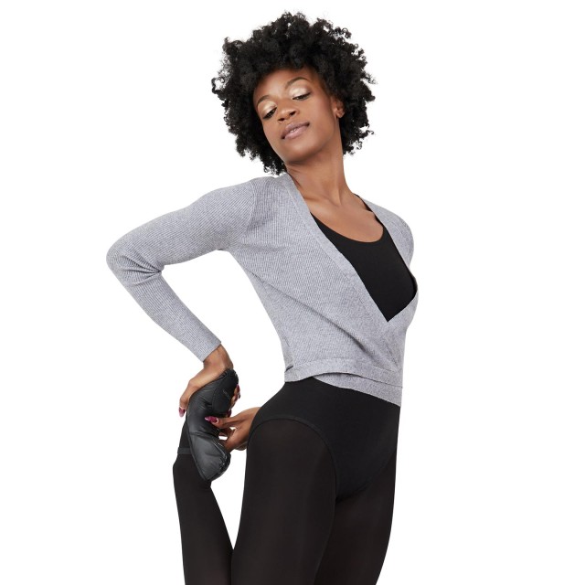 Capezio Ribbed Knit Wrap Sweater grijs met V hals