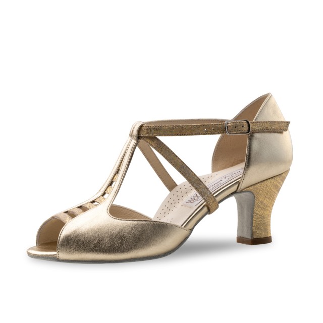 Werner Kern Holly goudkleurige latin dansschoenen voor dames met kruisbandjes en comfortabele blokhak van 6 cm